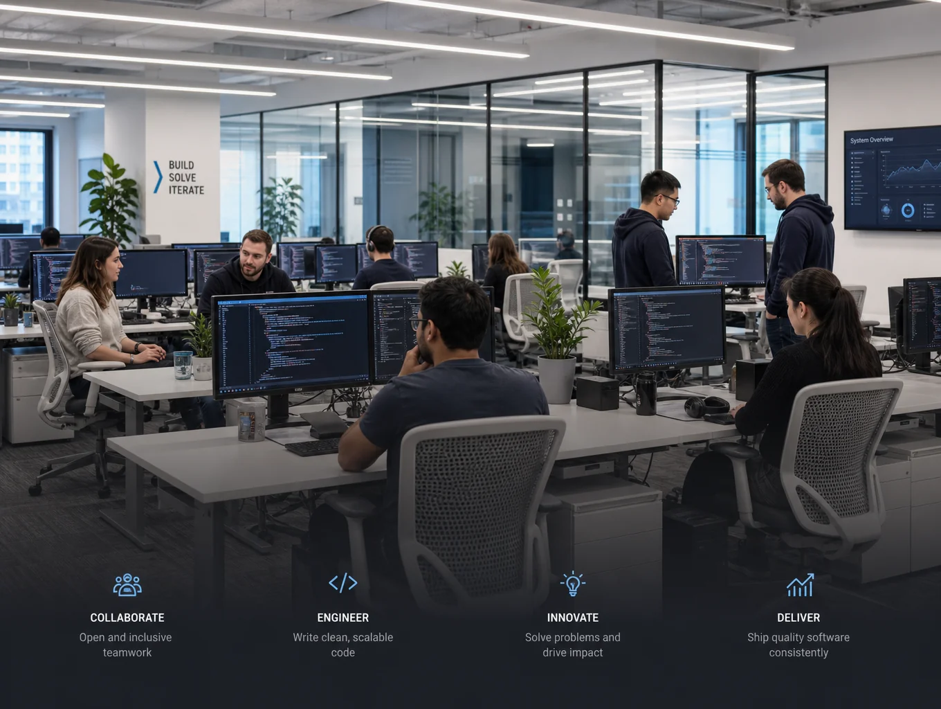 Software engineers reviewing real-time video processing pipelines on dual displays